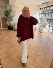 bordo kol pile detaylı oversize sweatshırt