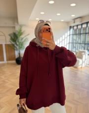 bordo kol pile detaylı oversize sweatshırt 2