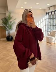 bordo kol pile detaylı oversize sweatshırt 4